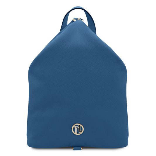 Blue Dublin soft Italian leather backpack with top handle and gold logo plaque