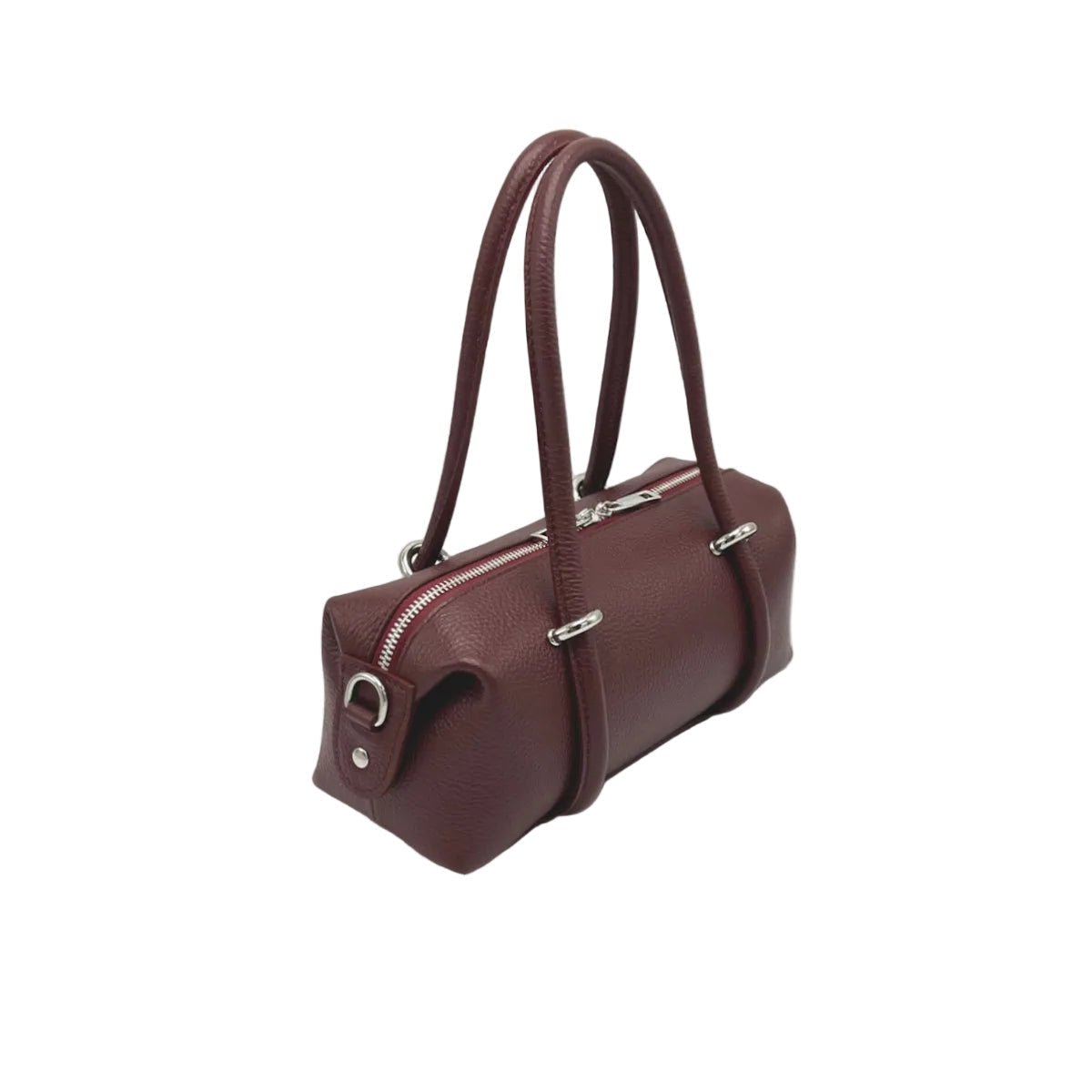 Side view of a burgundy east west handbag on a white background