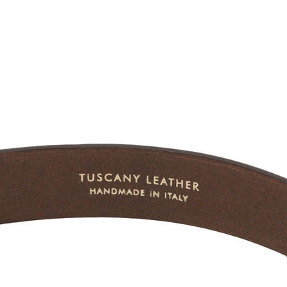 Brown leather belt with embossed Tuscany Leather Handmade in Italy stamp.