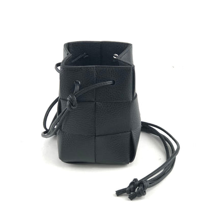 Emi handmade woven drawstring crossbody bag in black leather with long cords