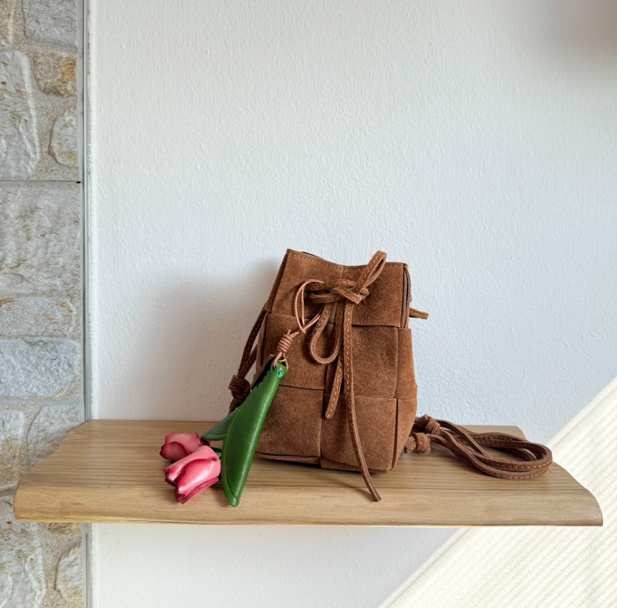 Handbag & Wallet Accessories Emi - Handmade Suede Drawstring Woven Crossbody Bag San Rocco Italia