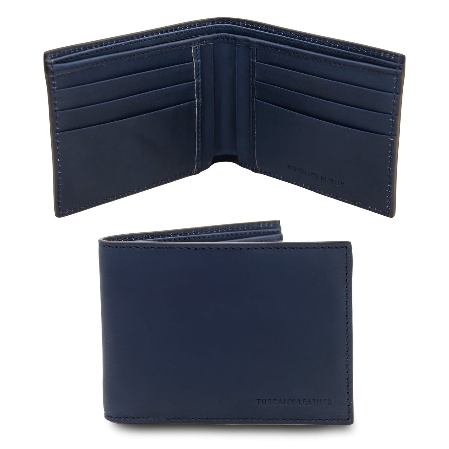 Navy blue twofold leather wallet open with numerous card slots and central pocket