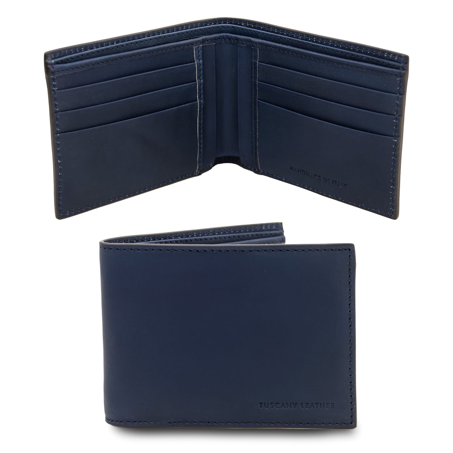 Navy blue twofold leather wallet open with numerous card slots and central pocket