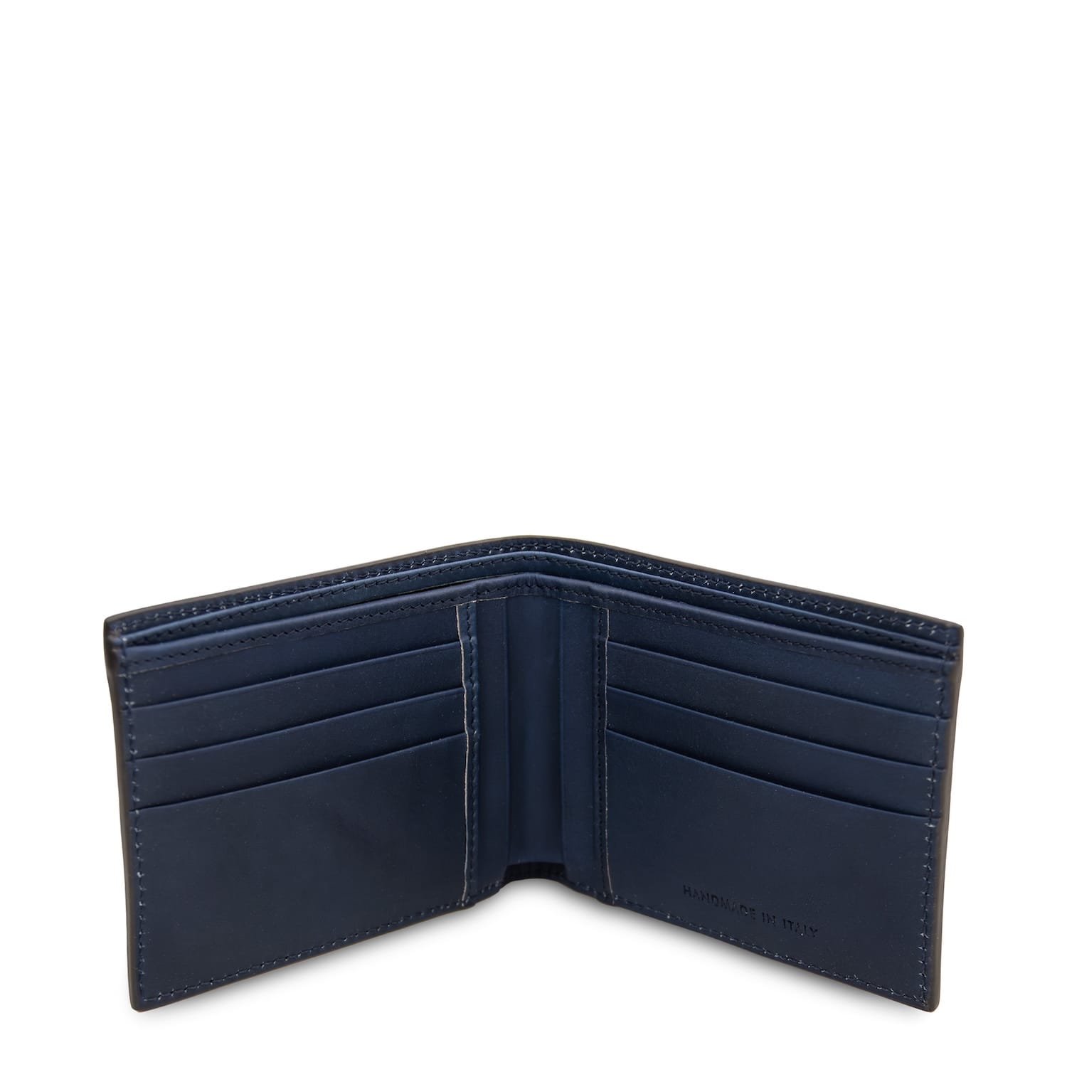 Blue leather wallet open with multiple card slots and central divider