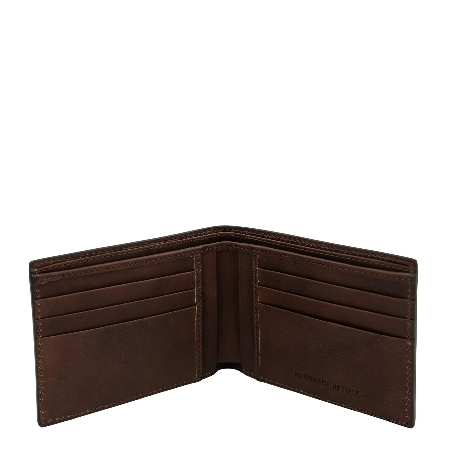 Inside view of matte brown leather wallet with multiple card slots on both sides and a center divider