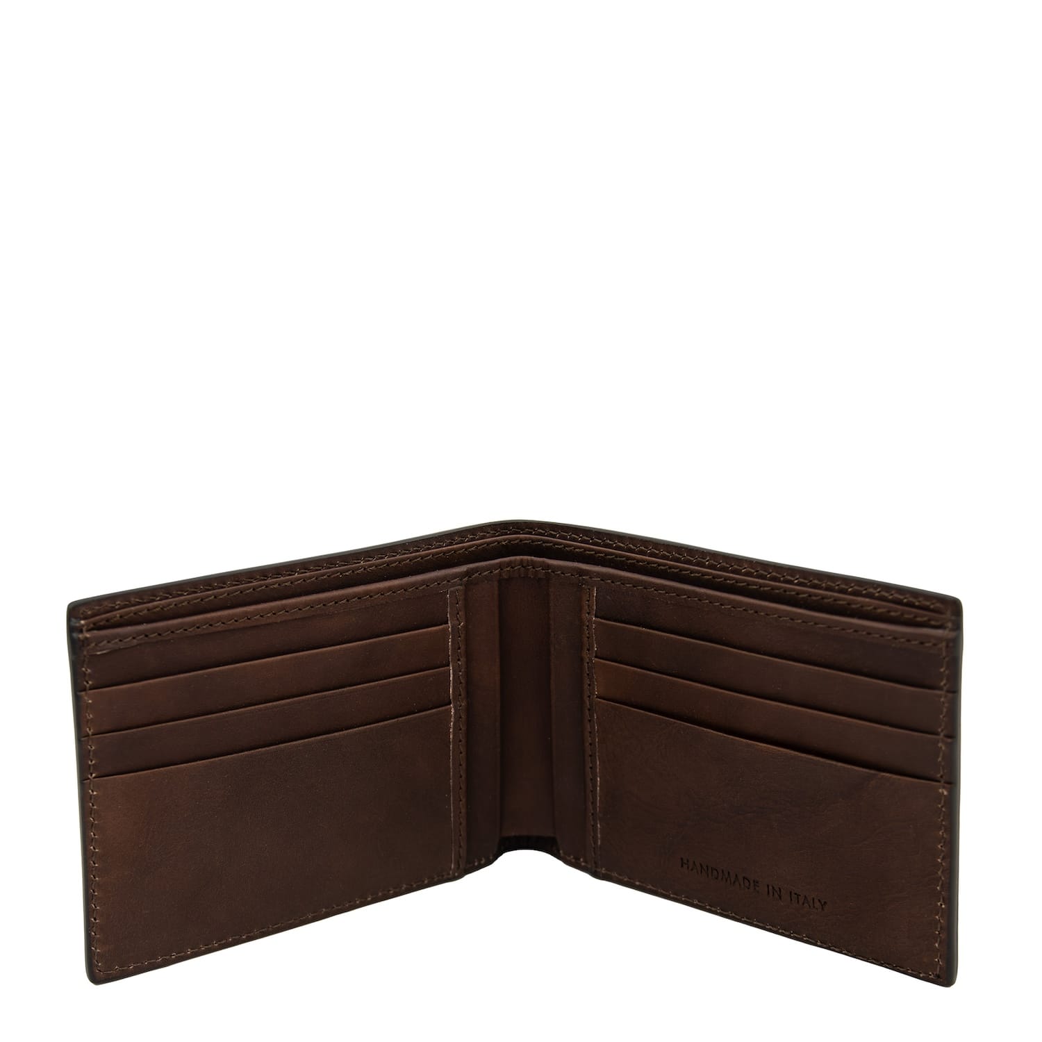 Inside view of matte brown leather wallet with multiple card slots on both sides and a center divider