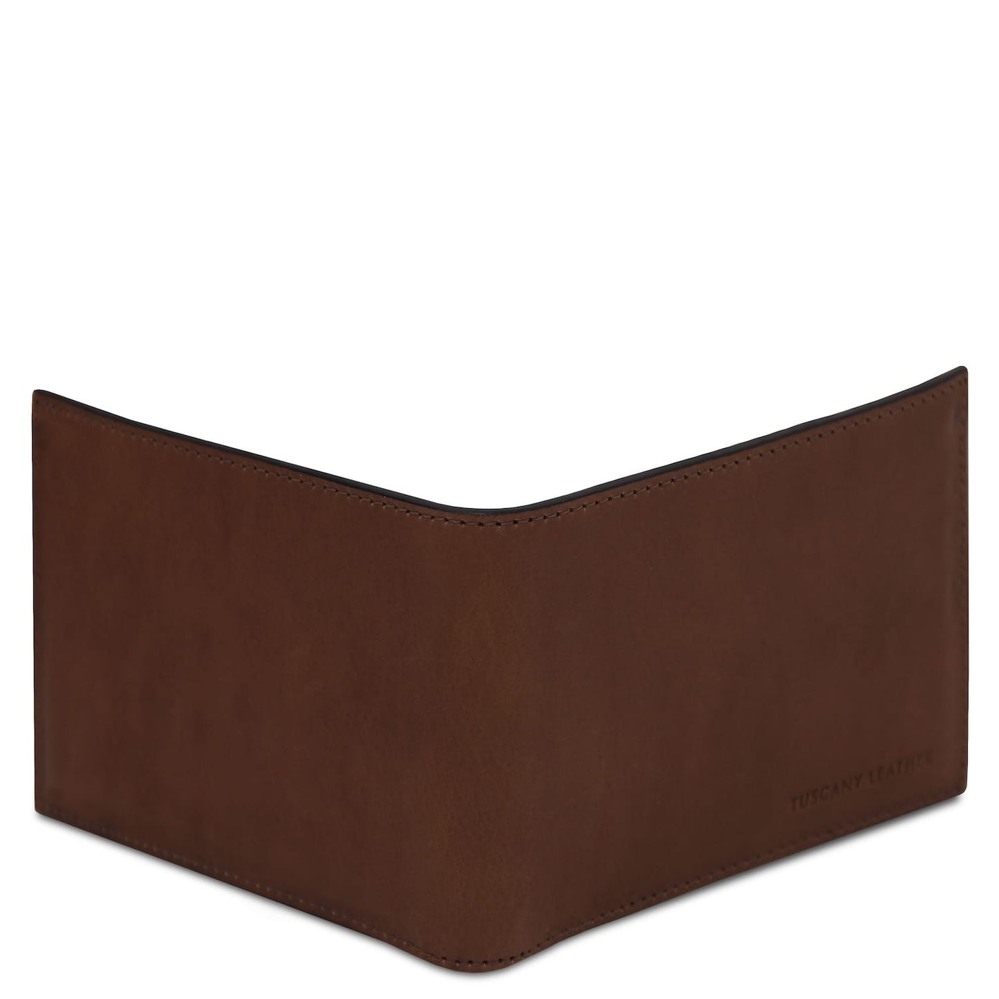 Closed brown matte two fold leather wallet with curved top edge and Tuscany Leather branding