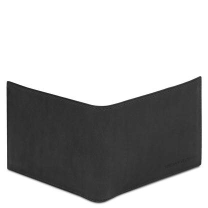 Black matte leather wallet with a curved wave top edge