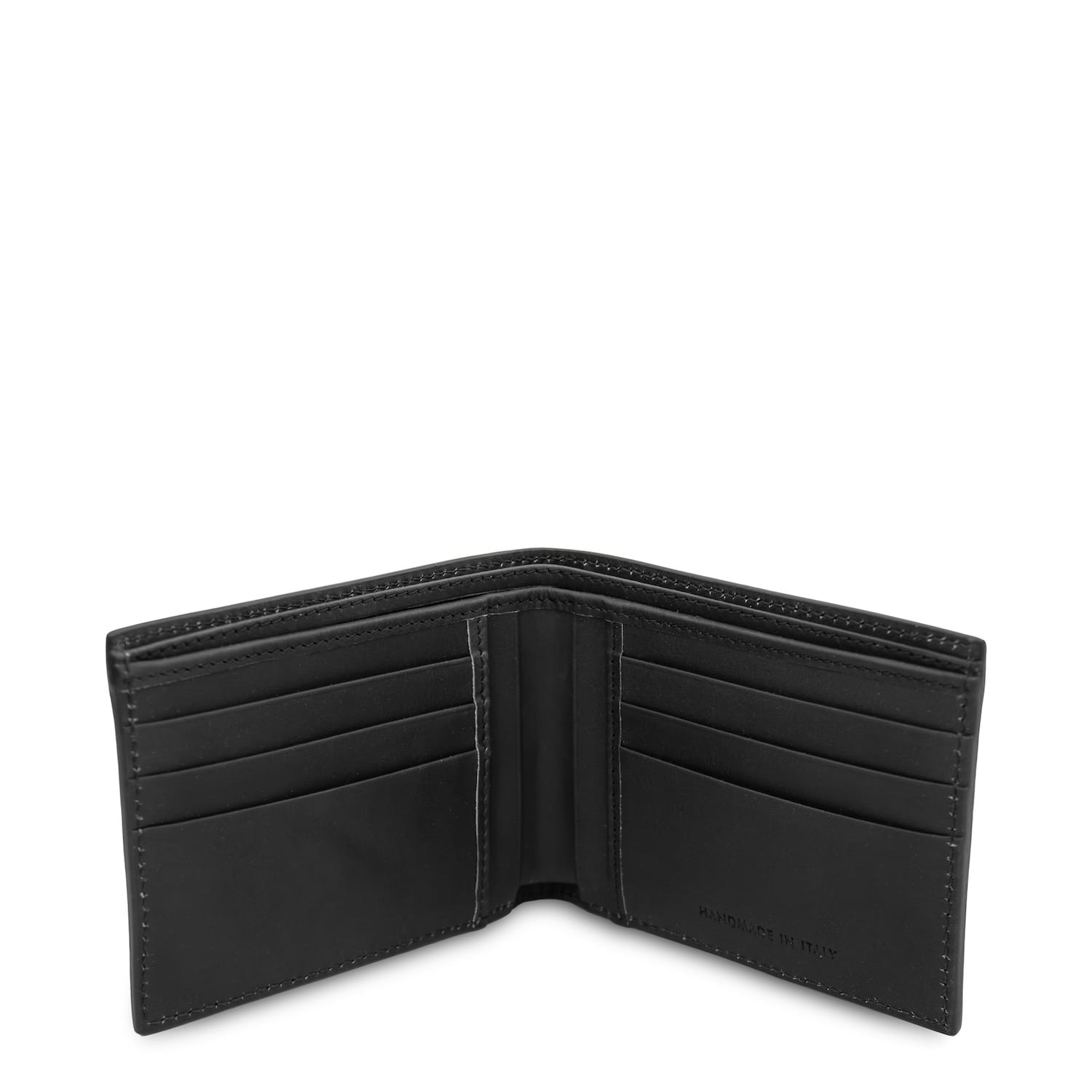 Open matte black leather bifold wallet with card slots on both sides and a center pocket