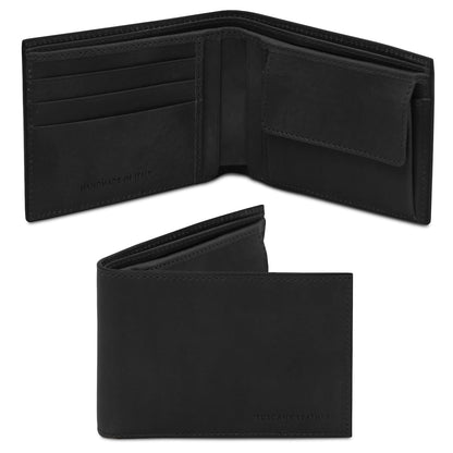 Matte black twofold leather wallet opened to show card slots and coin pocket