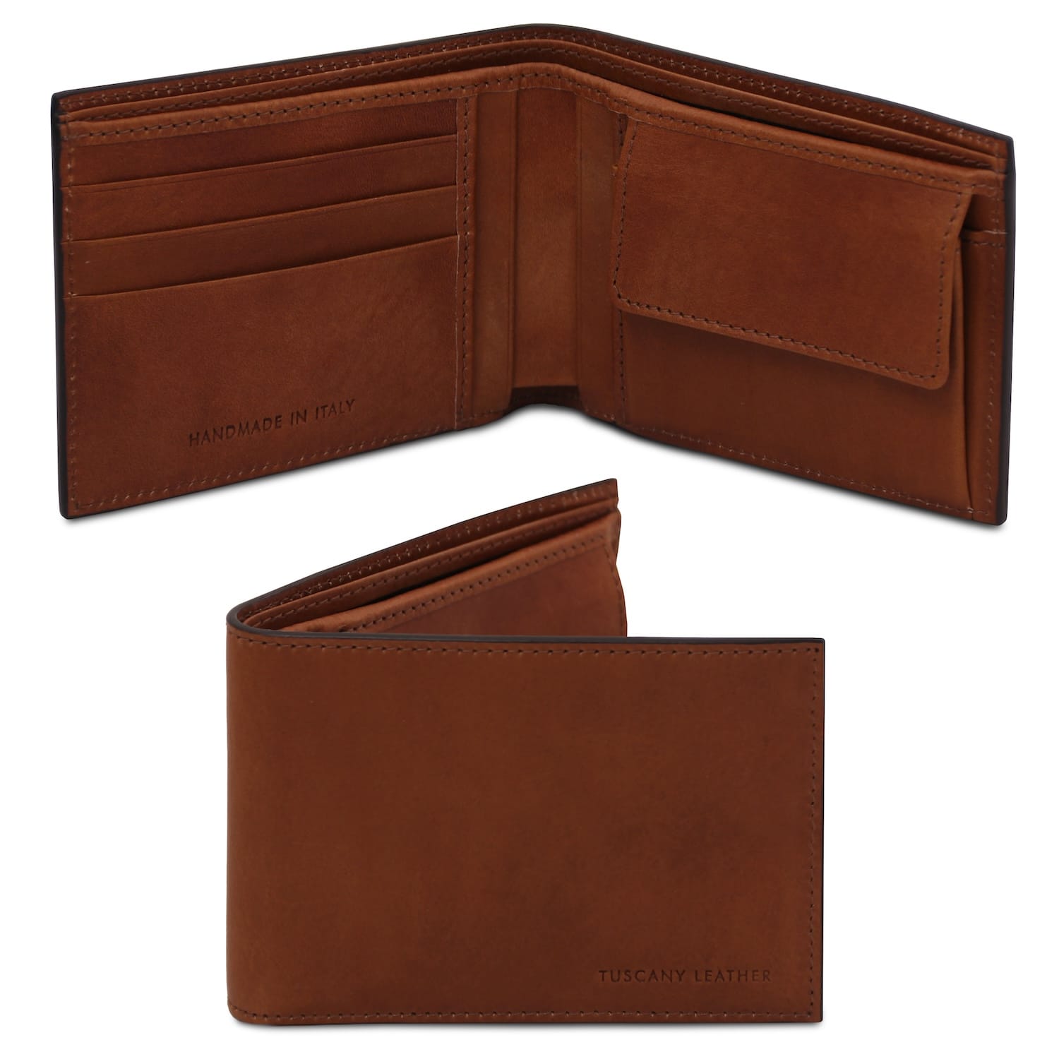 Tan matte leather two fold wallet open with card slots on the left and a coin pocket on the right handmade in Italy