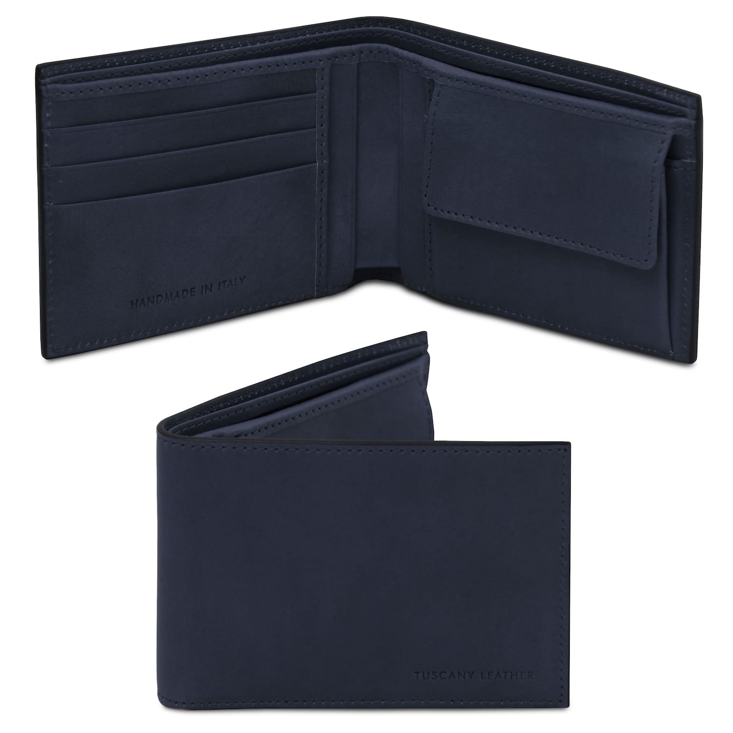 Navy matte leather two fold wallet opened to reveal card slots and coin pocket