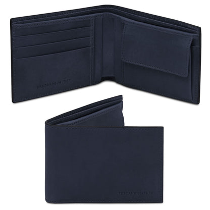 Navy matte leather two fold wallet opened to reveal card slots and coin pocket