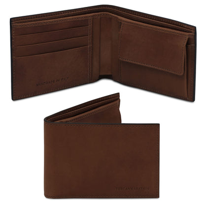 Brown handmade Italian leather wallet opened to show card slots and coin pocket