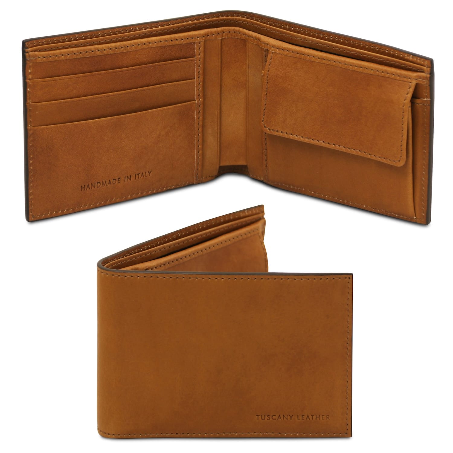 Matte tan twofold leather wallet opened to reveal card slots and a coin pocket