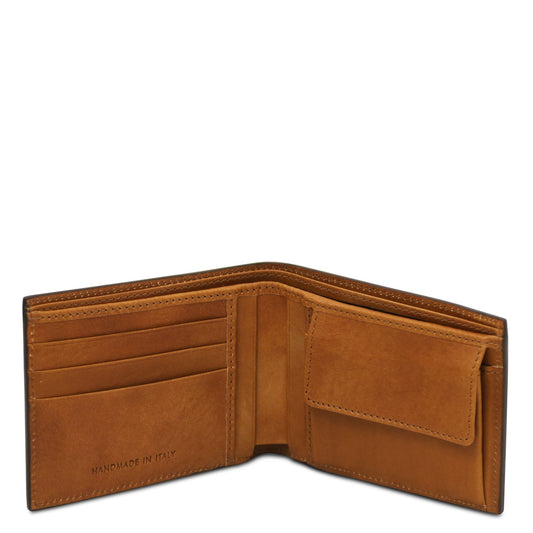 Tan matte leather bifold wallet opened to reveal card slots and a coin pocket