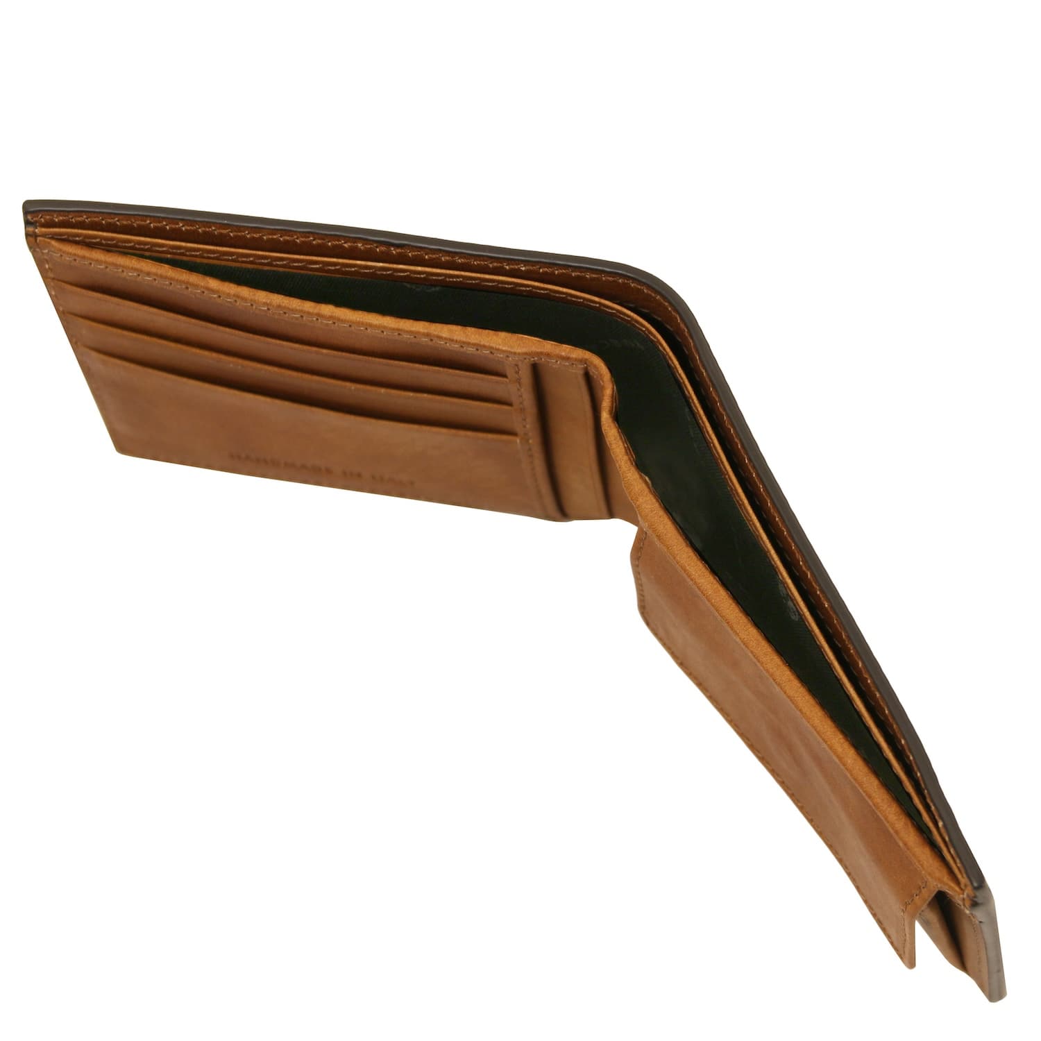 Open tan leather wallet with multiple card slots and a coin pocket handmade in Italy