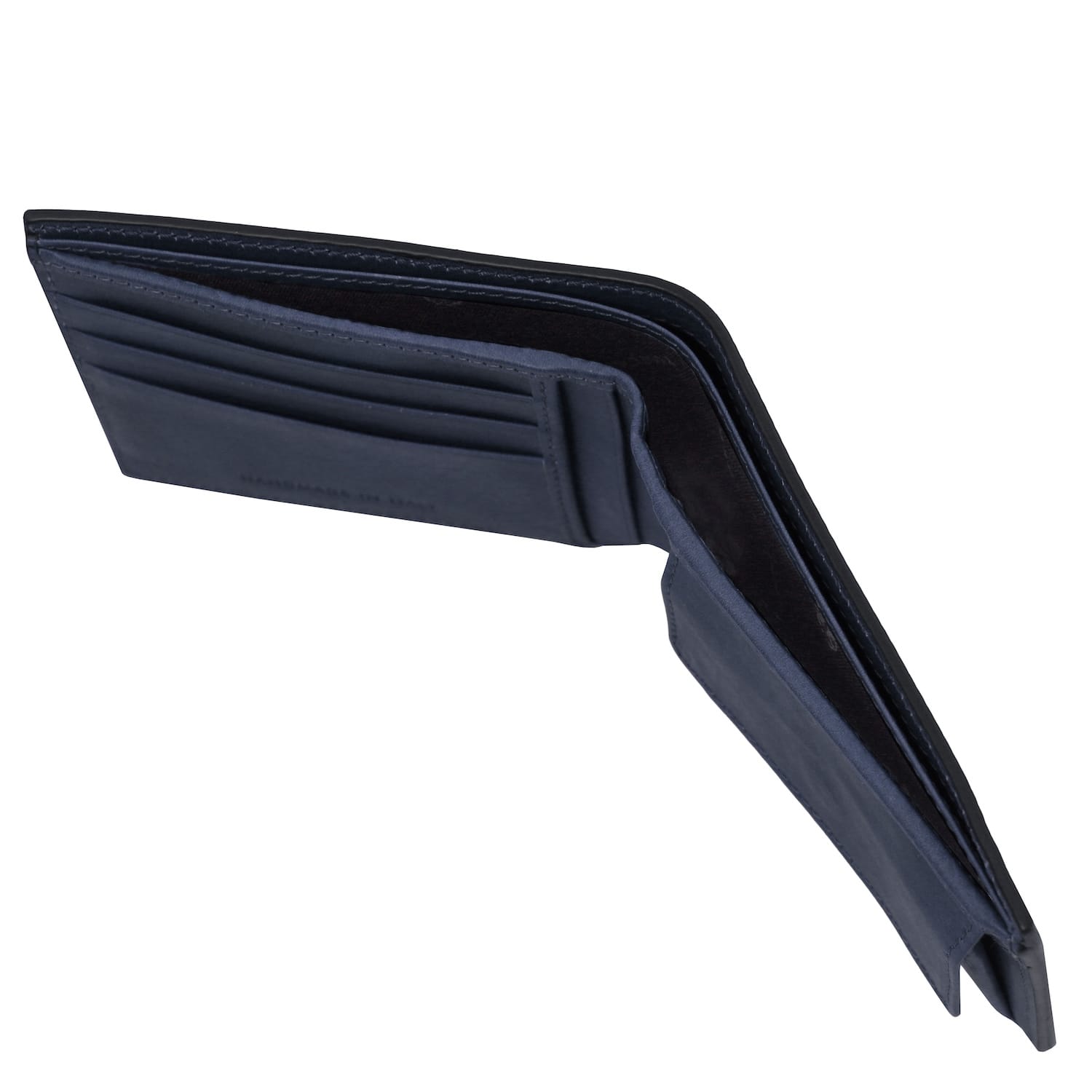 Navy blue matte leather bi fold wallet with several card slots and a coin pocket