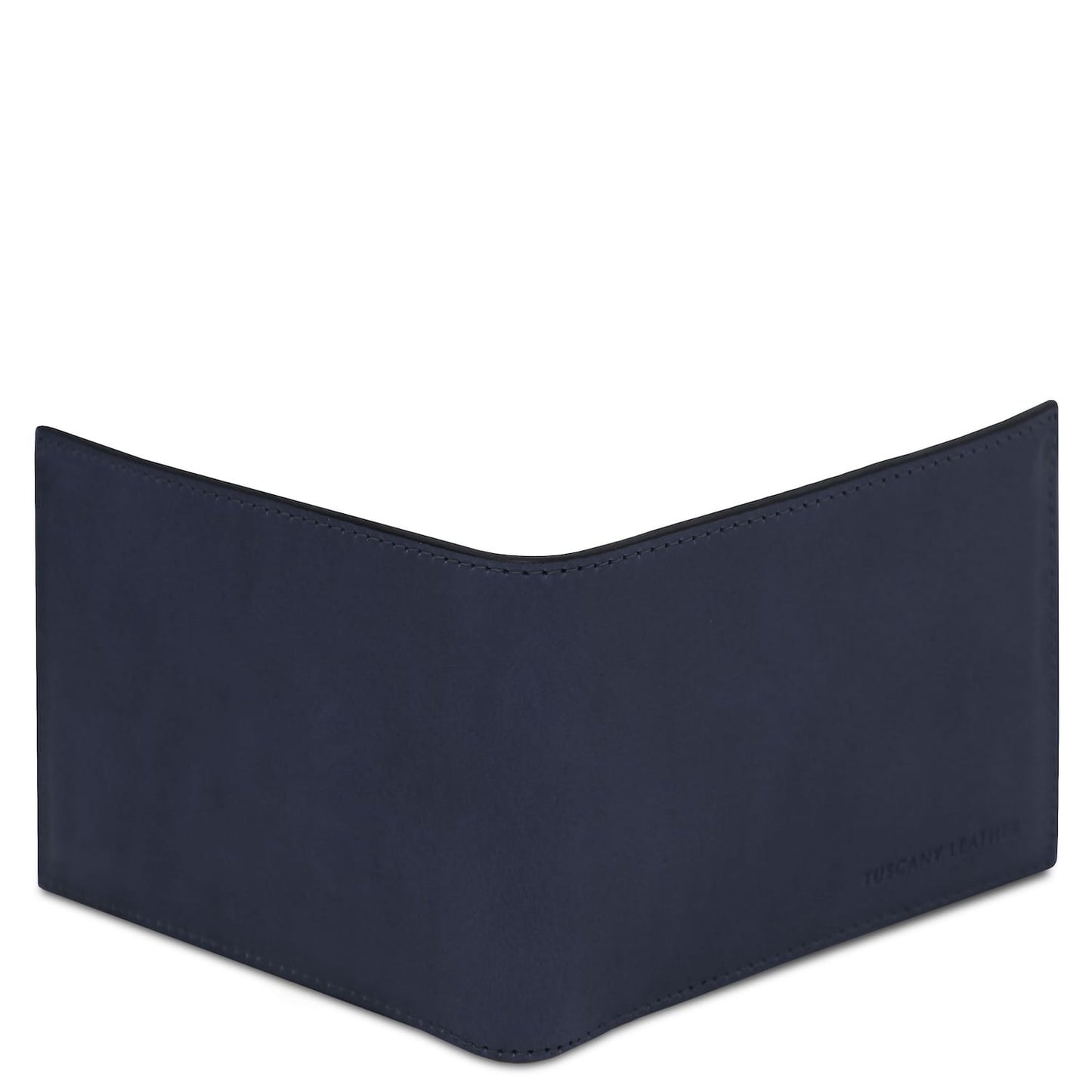 Navy matte leather wallet shown from the side with a curved top edge and Tuscany Leather stamp