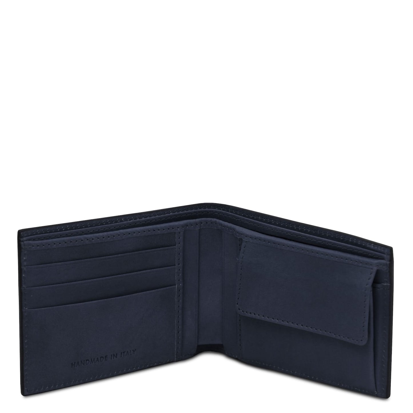 Navy blue twofold leather wallet opened to reveal multiple card slots and a coin pocket handmade in Italy