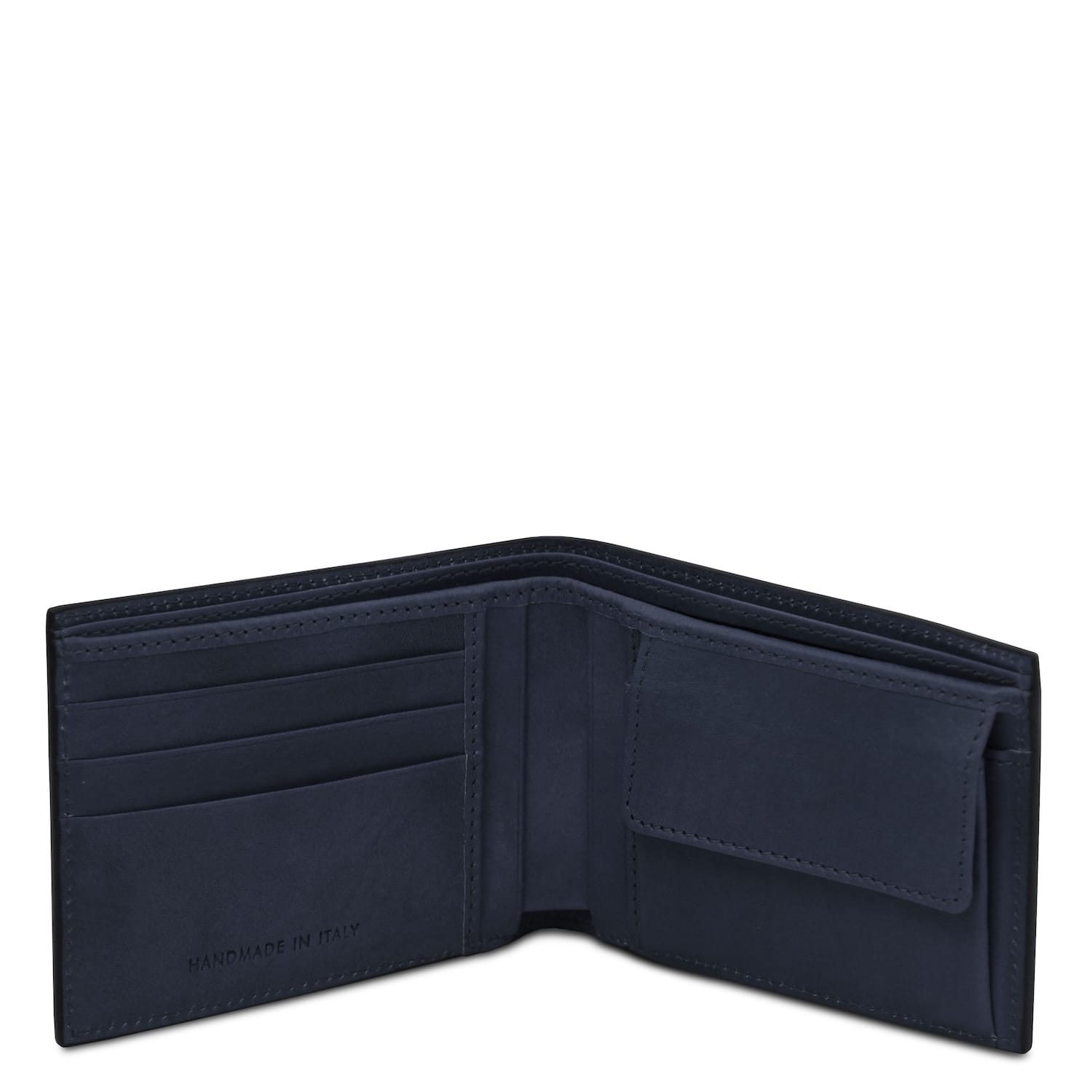Navy blue twofold leather wallet opened to reveal multiple card slots and a coin pocket handmade in Italy