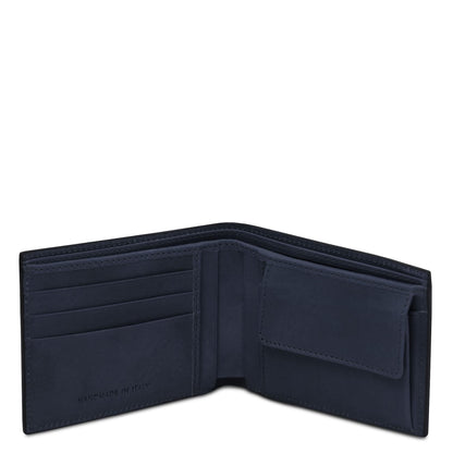 Navy blue twofold leather wallet opened to reveal multiple card slots and a coin pocket handmade in Italy
