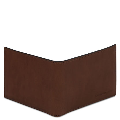 Brown matte leather two fold wallet with coin pocket and stitched edges