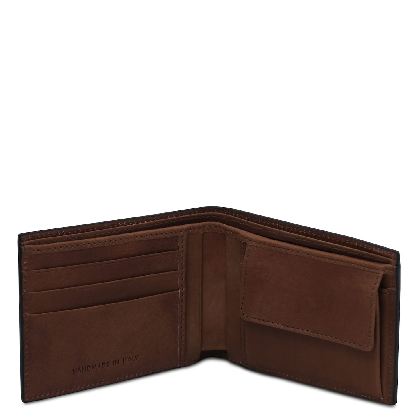Open matte brown leather wallet for men with card slots and a coin pocket; interior shows handmade in Italy stamp.