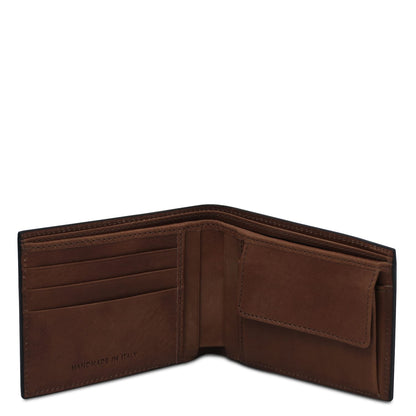 Open matte brown leather wallet for men with card slots and a coin pocket; interior shows handmade in Italy stamp.