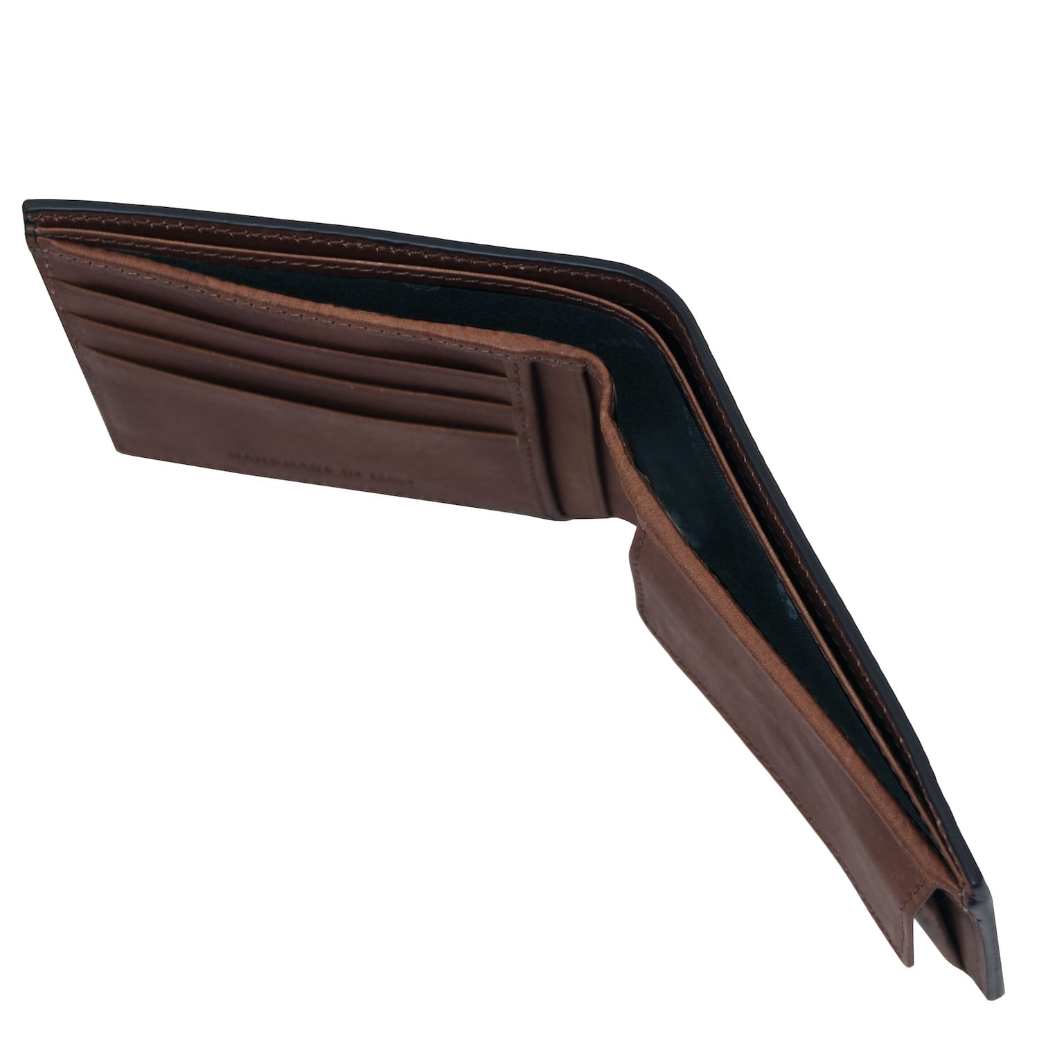 Open brown leather two fold wallet with multiple card slots and a bill compartment