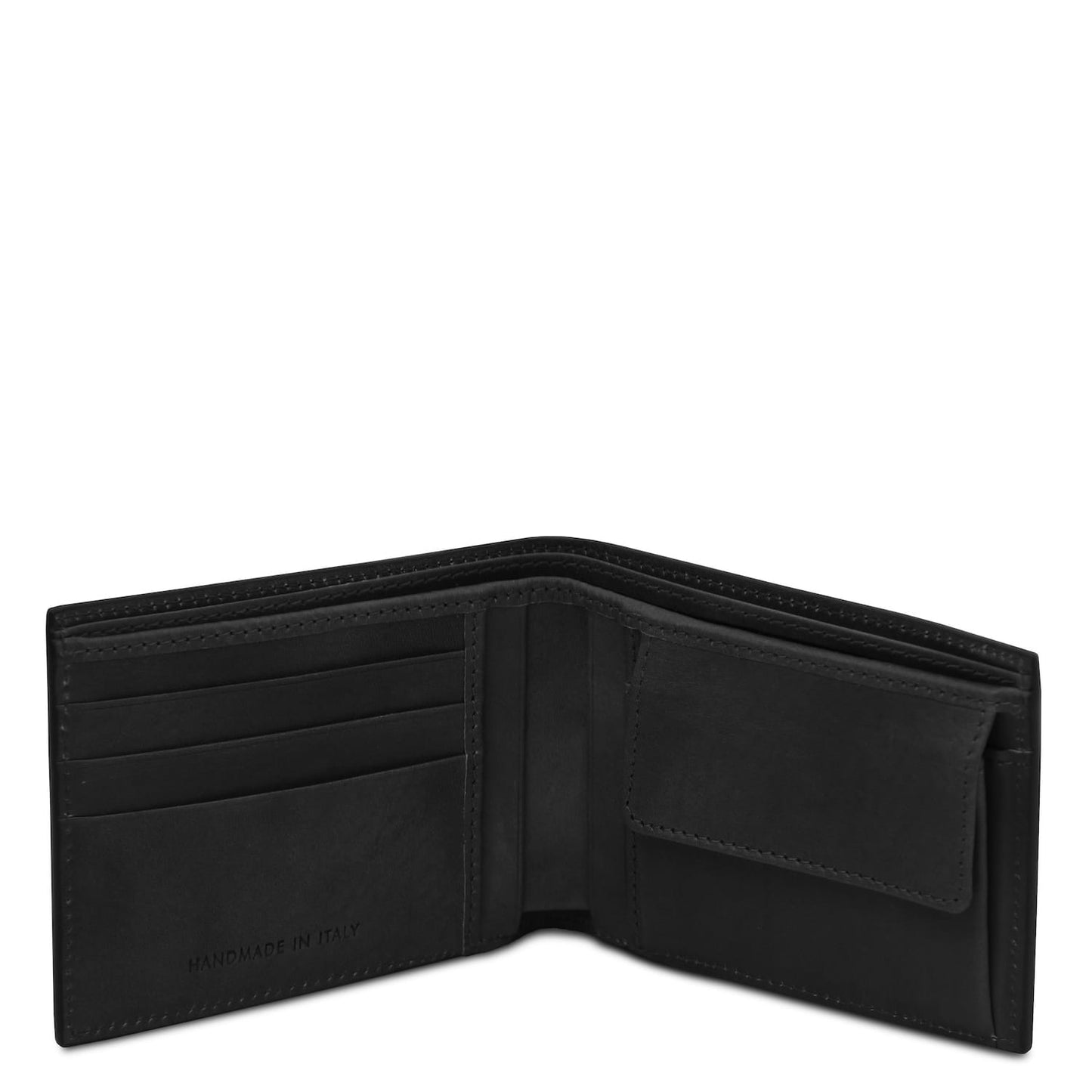 Interior view of matte black twofold wallet with multiple card slots and coin pocket