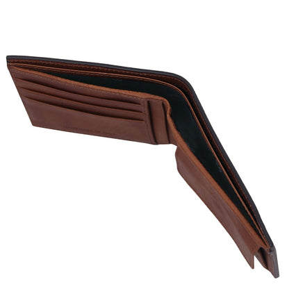 Open matte brown leather wallet for men with card slots and a coin pocket
