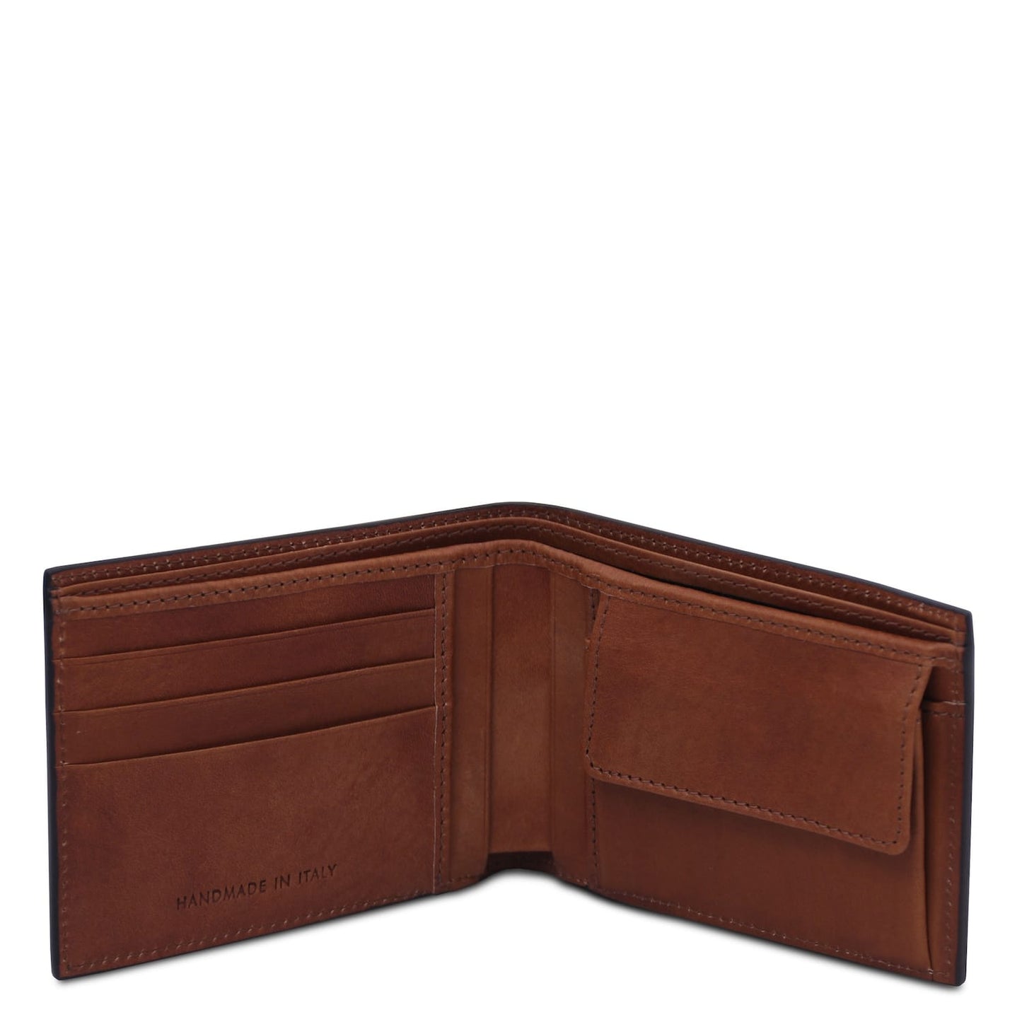 Inside view of men's brown matte leather twofold wallet with card slots and coin pocket