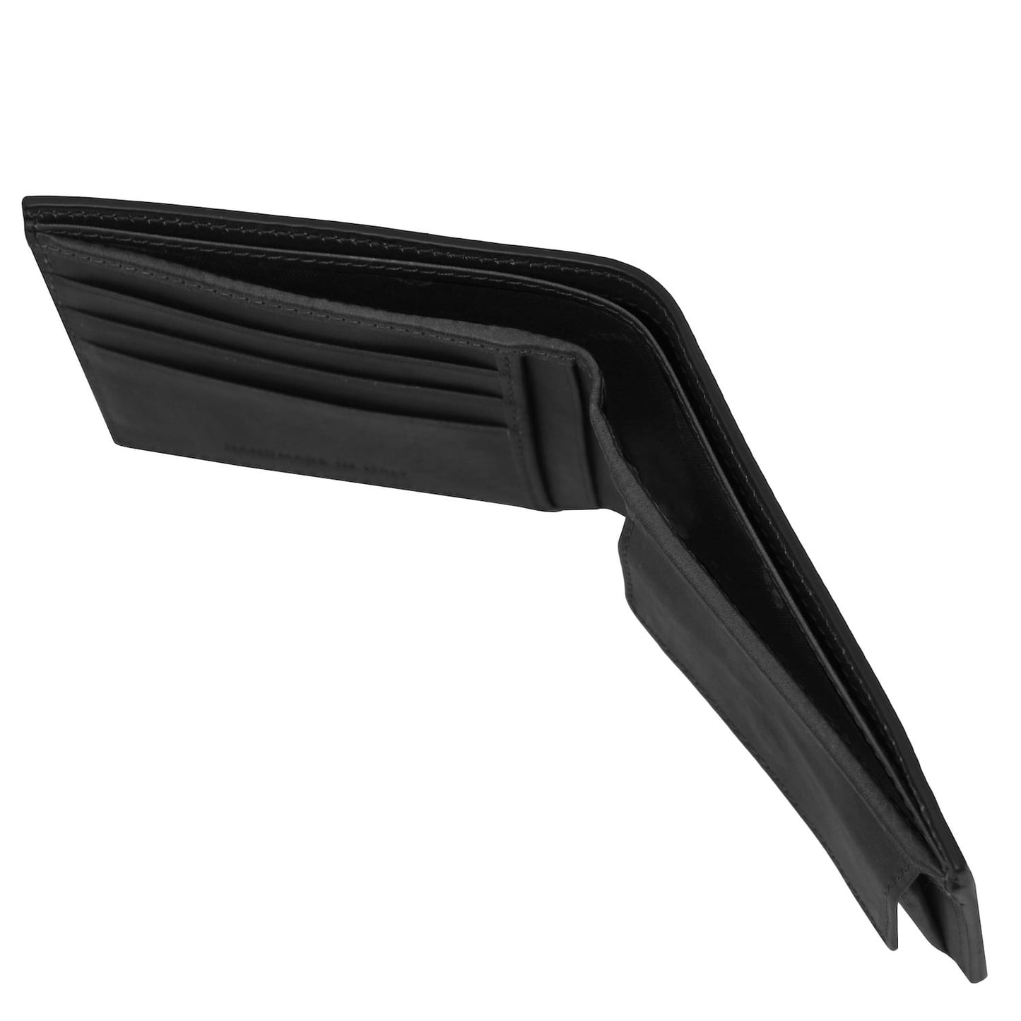 Black matte two fold leather wallet with coin pocket and card slots
