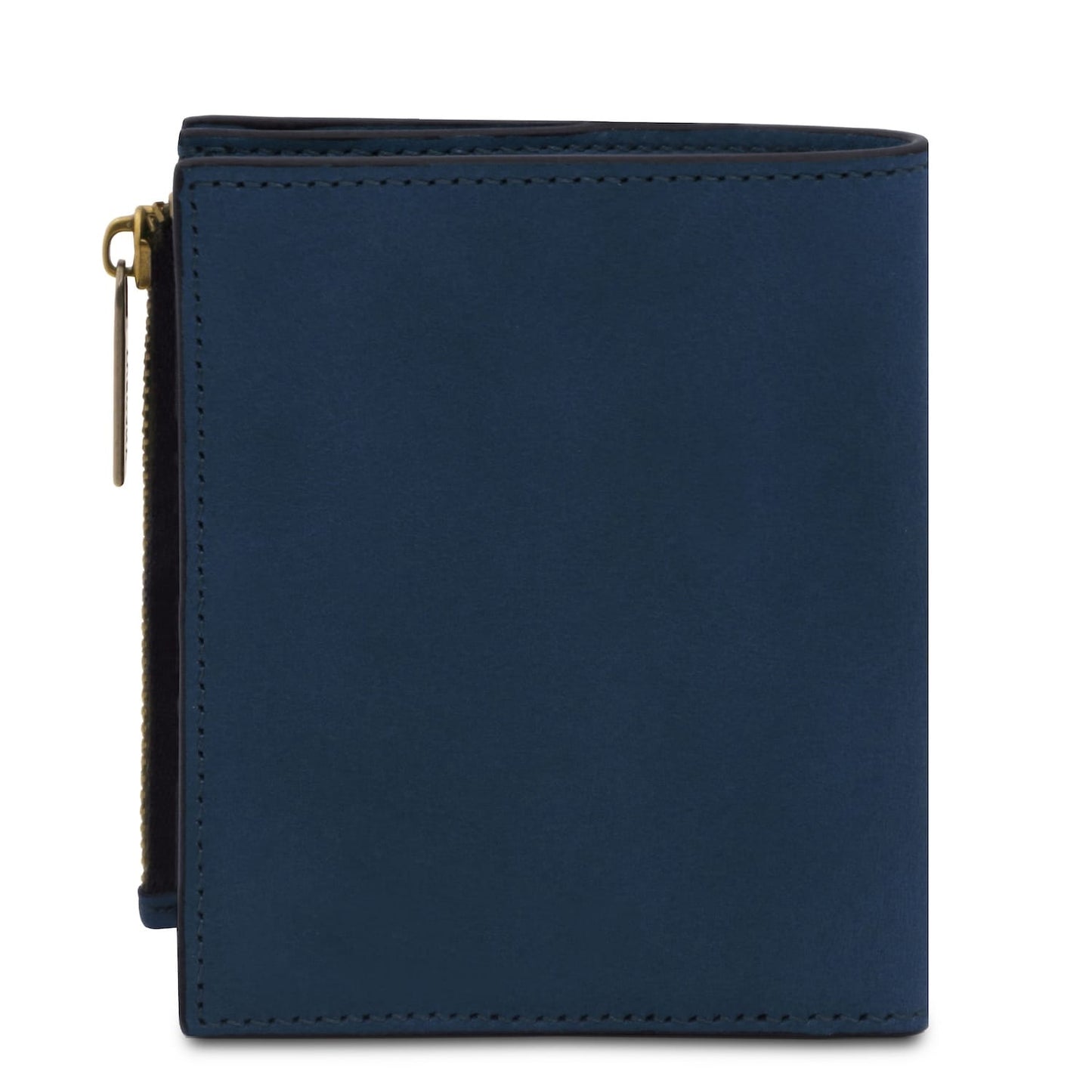 Blue leather men's wallet with a gold zip pull along the edge