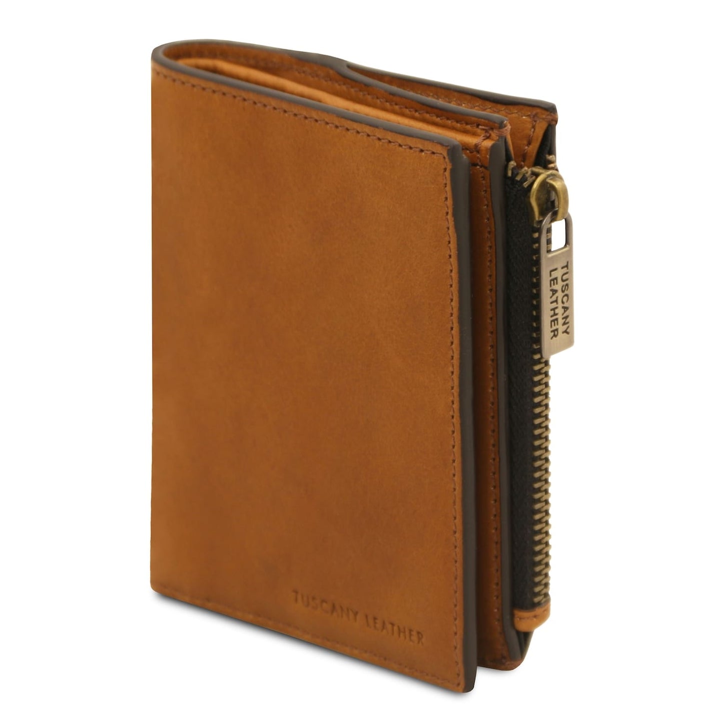 Exclusive leather wallet for men in tan leather, front view.