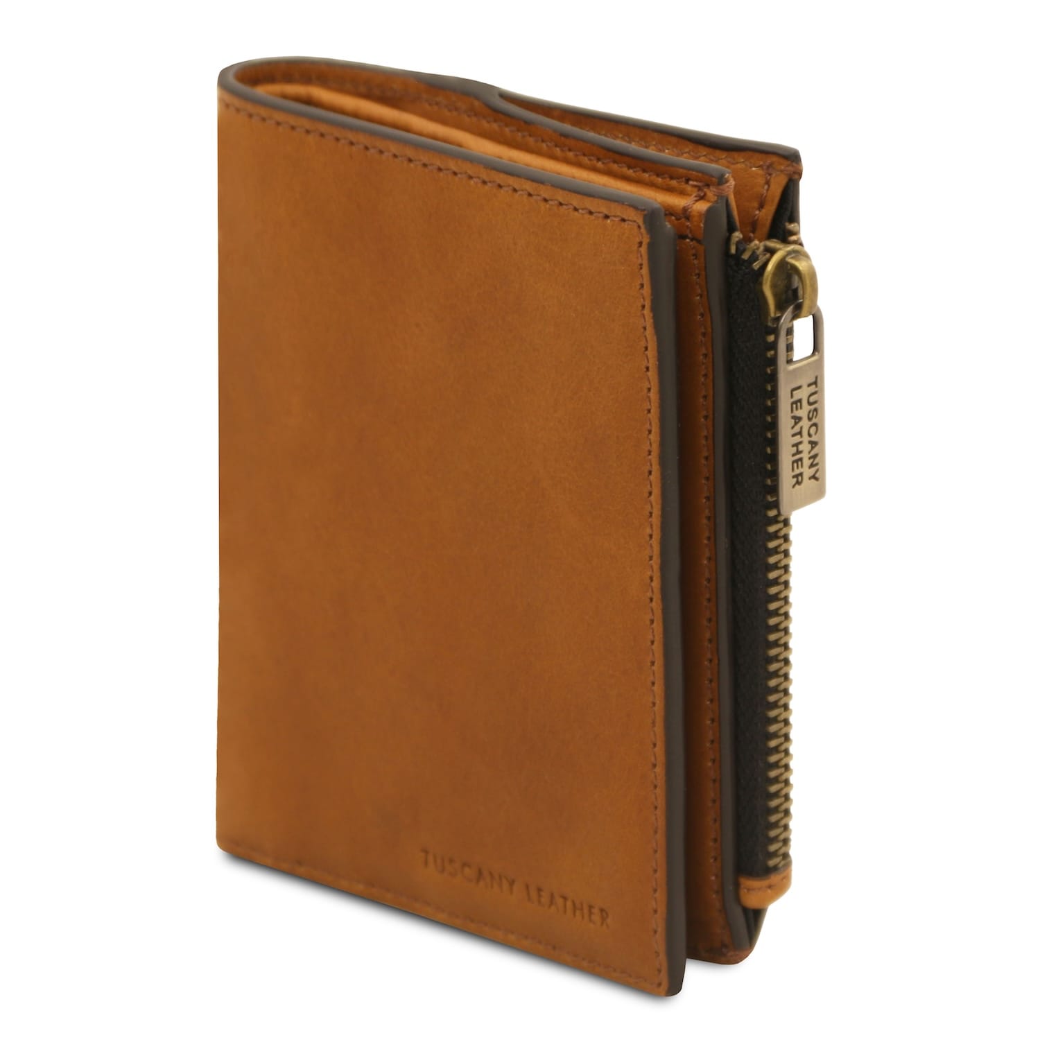 Exclusive leather wallet for men in tan leather, front view.