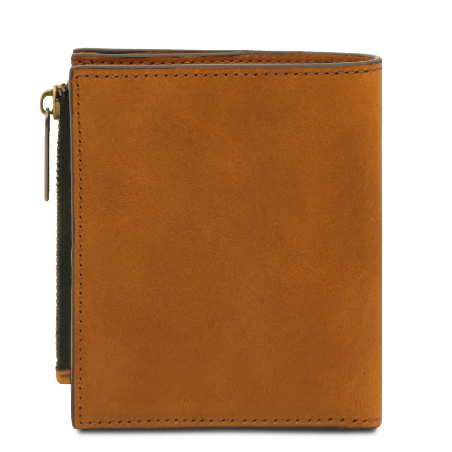 Front view of tan leather men's wallet with visible stitching and side zipper