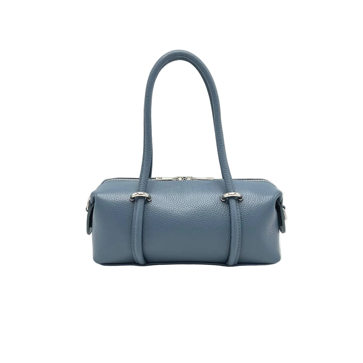 Blue handbag with a strap on a white background