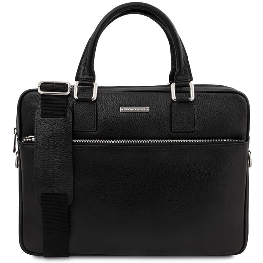 black leather laptop briefcase on a white background