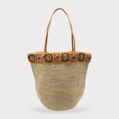 Handbag & Wallet Accessories Beige Flora - Handmade Raffia Bag with Crochet Amber Flower Band San Rocco Italia