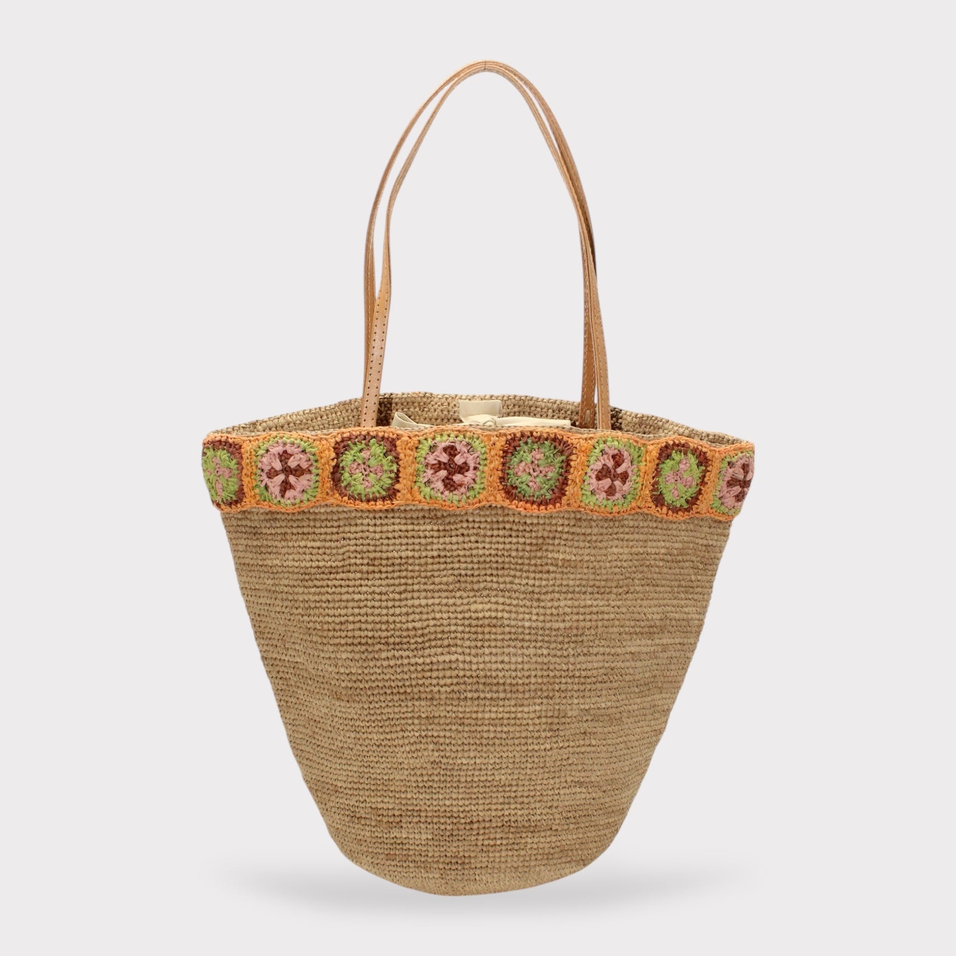 Handbag & Wallet Accessories Khaki Flora - Handmade Raffia Bag with Crochet Amber Flower Band San Rocco Italia