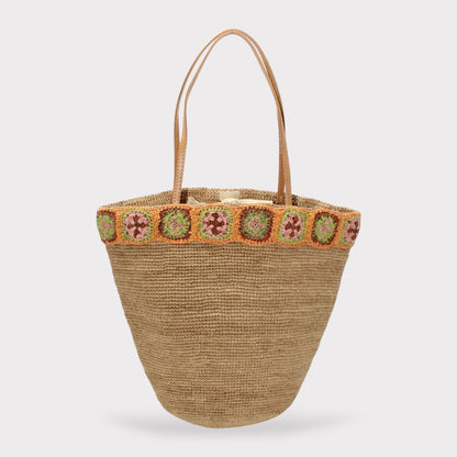 Handbag & Wallet Accessories Khaki Flora - Handmade Raffia Bag with Crochet Amber Flower Band San Rocco Italia