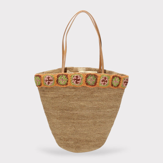 Handbag & Wallet Accessories Khaki Flora - Handmade Raffia Bag with Crochet Amber Flower Band San Rocco Italia
