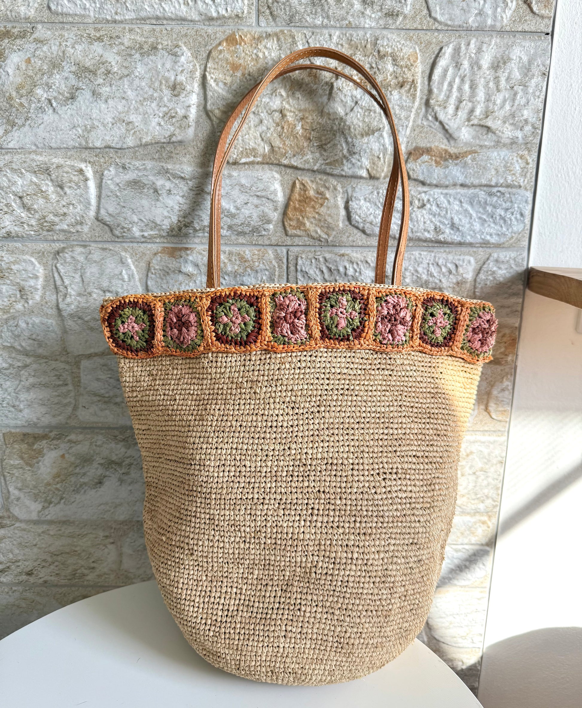 Handbag & Wallet Accessories Flora - Handmade Raffia Bag with Crochet Amber Flower Band San Rocco Italia