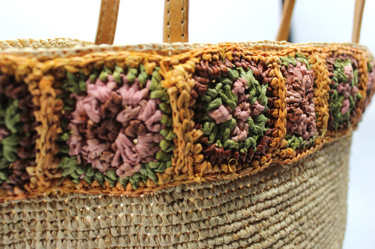 Handbag & Wallet Accessories Flora - Handmade Raffia Bag with Crochet Amber Flower Band San Rocco Italia