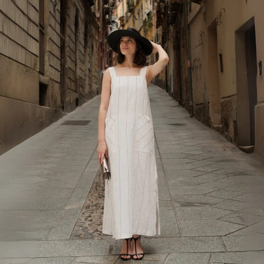 Dresses Fugue Linen Maxi Dress - Milk White with Grey Stripe San Rocco Italia