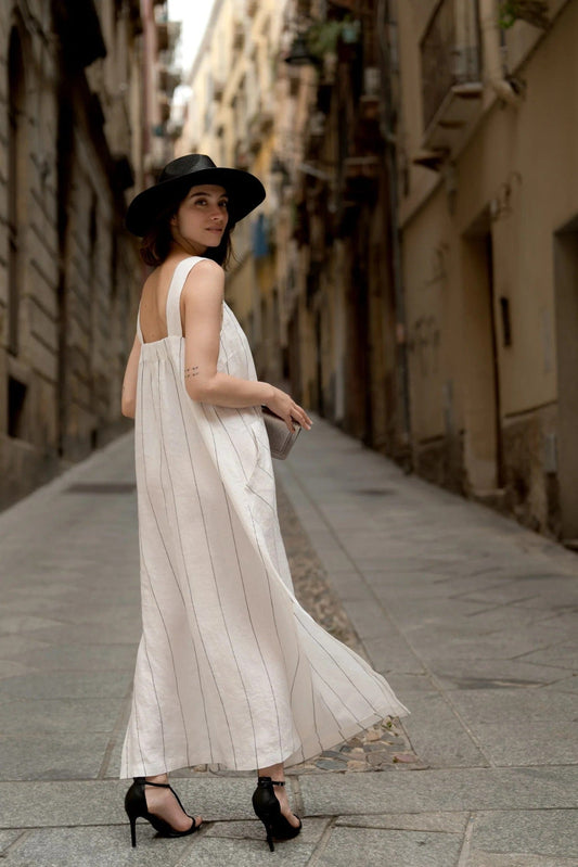 Dresses Fugue Linen Maxi Dress - Milk White with Grey Stripe San Rocco Italia