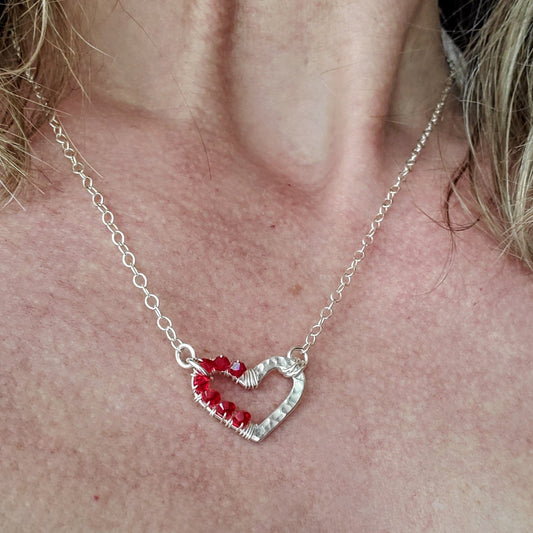 Hammered Sterling Silver Heart Necklace with Red Swarovski Crystals - Premium Necklaces - Shop now at San Rocco Italia