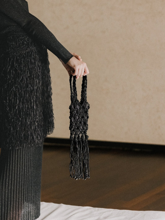 Knitwear Black Hand-Knit Mini Fringed Glitter Bag San Rocco Italia